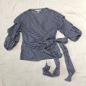 Blue Gingham Wrap Blouse with Puff Sleeves
